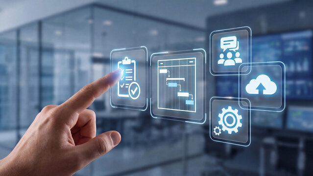 Digital project management interface framework for task checklist scheduling team collaboration cloud integration and automated workflow coordination in modern corporate office environment