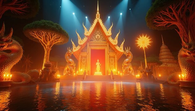 Golden temple with dragon statues and glowing lanterns. Ornate architecture with ornate roof and statue on stpic, surrounded by trees and water reflection.
