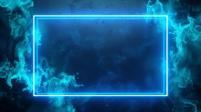 A blue and white neon sign with a blue frame. The sign is surrounded by blue flames