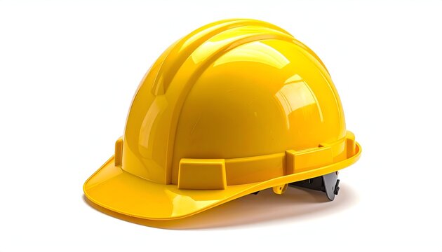 Clean professional industrial photography of a bright yellow plastic protective construction worker hard hat helmet on white.
