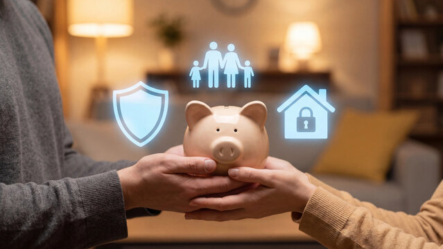 Family financial protection savings insurance and home security planning concept for household wealth preservation asset safeguarding and long term personal financial wellbeing management