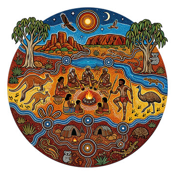 Traditional aboriginal people gather around a vibrant campfire while playing music and dancing in a circular dot painting style that celebrates ancient Australian indigenous cultural life.