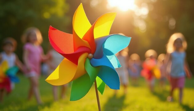 Children play with colorful pinwheel toy in sunny summer garden. Kids run on green grass, enjoy outdoor activity. Carefree fun and childhood joy, bright light and nature.