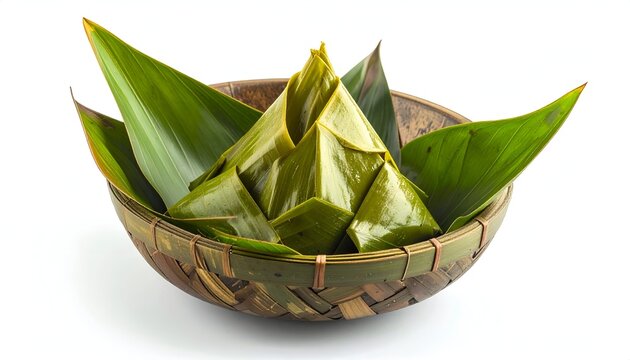 Authentic traditional Asian culinary photography of sticky rice dumplings tightly wrapped in dark green bamboo or banana leaves in a basket.