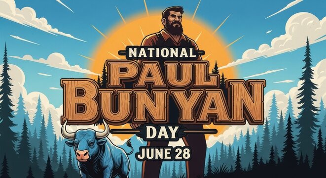 National Paul Bunyan Day illustration with giant lumberjack and blue ox