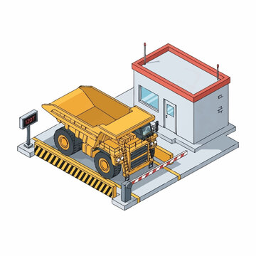 Heavy yellow mining truck on industrial weighbridge station.