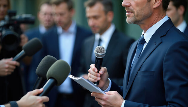 Man in suit talks into microphone at press event. Reporters and cameras gather for news conference. He holds paper notes, addresses audience, shares important information.