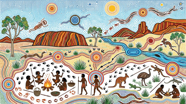 Vivid Australian Aboriginal dot painting depicts a vibrant indigenous landscape with people, animals, sacred sites, and celestial bodies under a bright sun.