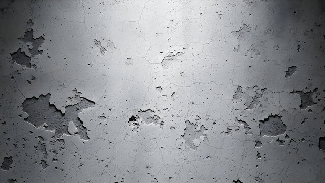 A close-up view of a weathered and textured concrete wall with patches of peeling paint.