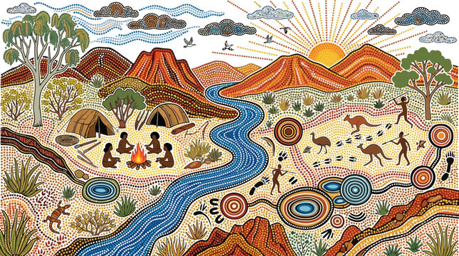 Vibrant aboriginal dot painting depicts Australian indigenous life, showing people, native animals, a winding river, mountains, and a community camp under the rising sun.