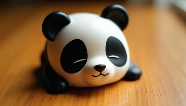 Cute panda figurine lies on wood table. Small bear toy has closed eyes and happy smile. Perfect decoration for desk or shelf. Adorable black and white animal collectible.