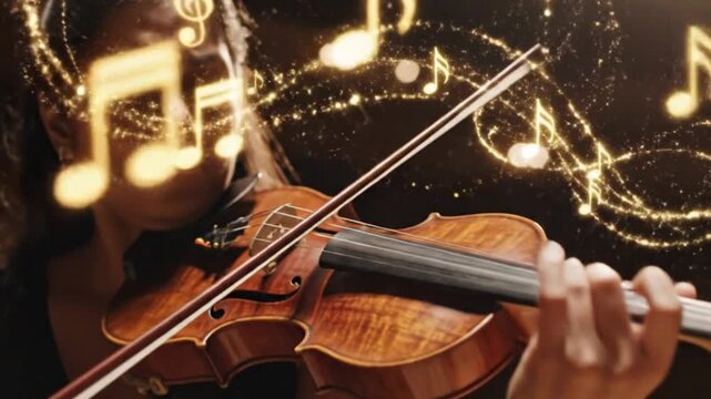 Woman Playing Violin with Glowing Musical Notes and Sparkles