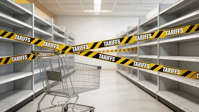 Empty supermarket shelves with shopping cart