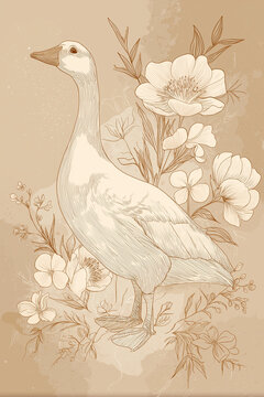 Storybook Poster The Graphic Beauty Of Whimsical Dreams, An elegant graphic illustration of a stylized goose and soft, romantic floral arrangements set against a neutral, clean background
