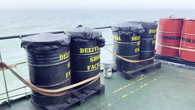 garbage collection and separation station on board the ocean cargo vessel. MARPOL. nature and environment protection.
