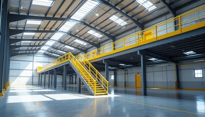 Obraz premium Modern empty industrial warehouse with yellow railings and mezzanine level. Polished concrete floor reflects natural light from skylights. Steel structure supports multi story interior.