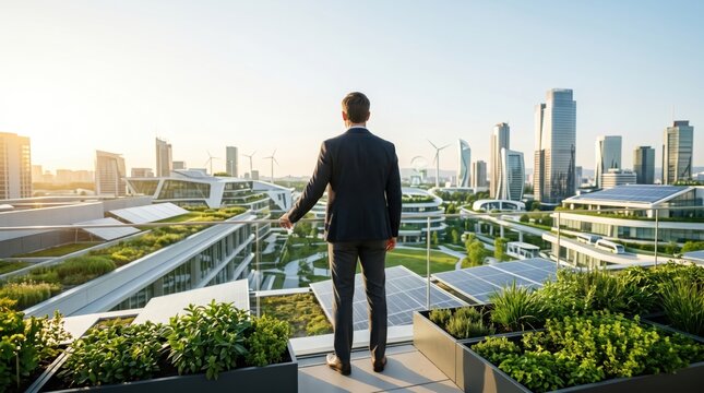Businessman standing on rooftop terrace overlooking futuristic eco-friendly city with wind turbines and solar panels, sustainable urban development concept, green architecture,