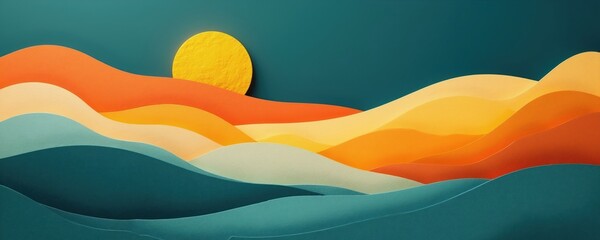Naklejka premium Abstract landscape illustration with layered warm, cool tones, textured yellow sun. Smooth paper cutouts create rolling hills, wavy terrain for serene, minimalist scene. Ideal for backgrounds.