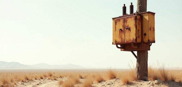 Weathered yellow electrical transformer box on old wooden post in dry arid landscape. Sparse dry grass and distant hazy mountains under bright sky. Isolated remote power utility.
