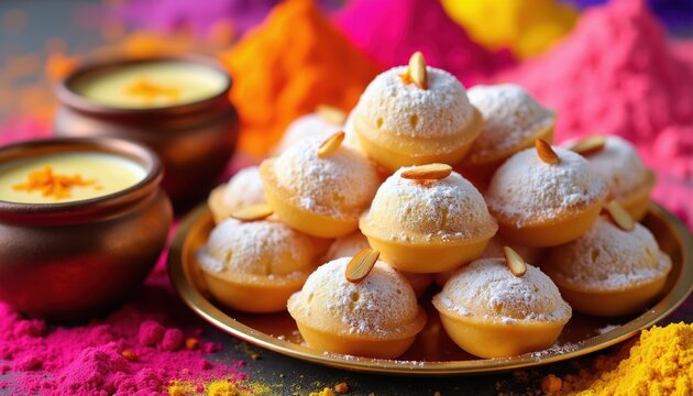 Indian sweets with almond toppings, powdered sugar, served with saffron milk drinks. Bright Holi powder in background. Festive food and celebration scene for Indian holidays.