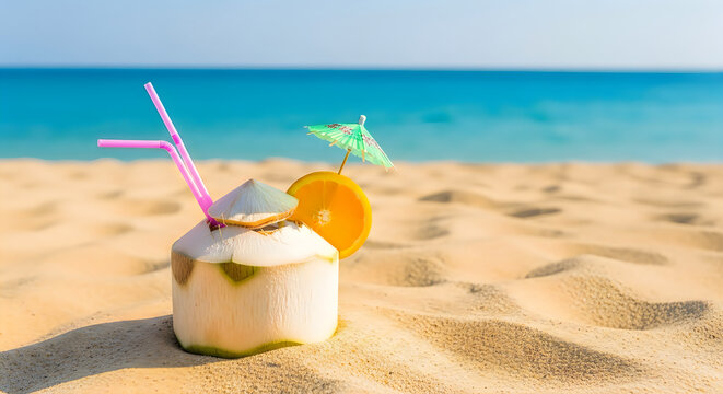 A refreshing coconut drink with a slice of orange on a tropical beach