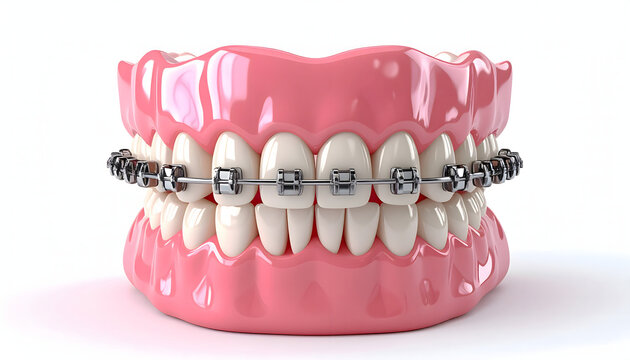 3D anatomical model of the jaw with precision metal braces. Aesthetic medical illustration of braces for orthodontic clinic promotions and oral health education.