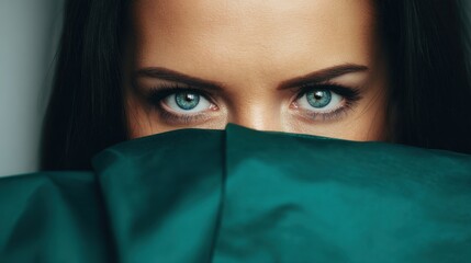 Fototapeta premium Macro Closeup Female Expressive Blue Eyes Long Dark Eyelashes Dark Eyebrows Smooth Subtle Texture Skin Dark Hair Strands Teal Fabric Below Eyes Portrait Beauty Detail