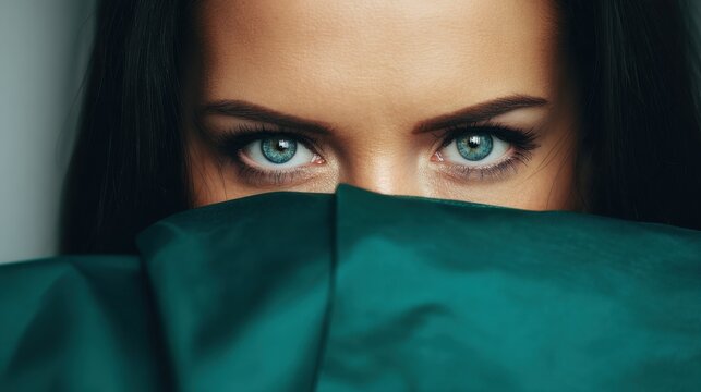 Macro Closeup Female Expressive Blue Eyes Long Dark Eyelashes Dark Eyebrows Smooth Subtle Texture Skin Dark Hair Strands Teal Fabric Below Eyes Portrait Beauty Detail