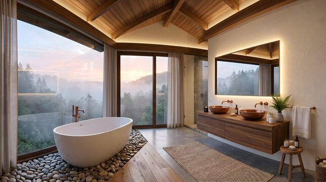 Modern luxury bathroom interior with large window and forest view