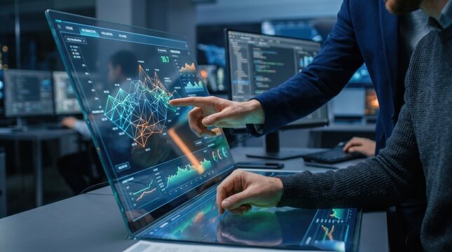 Team analyzing complex data on transparent holographic screen, futuristic interface with graphs and charts, business intelligence, financial market trends, digital transformation