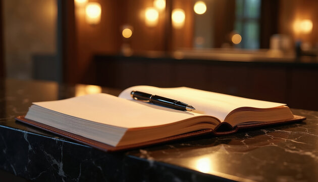 Open leather guestbook with pen waits on hotel counter. Subtle warm light shines on blank pages and marble surface. Elegant writing or signature awaits guest.