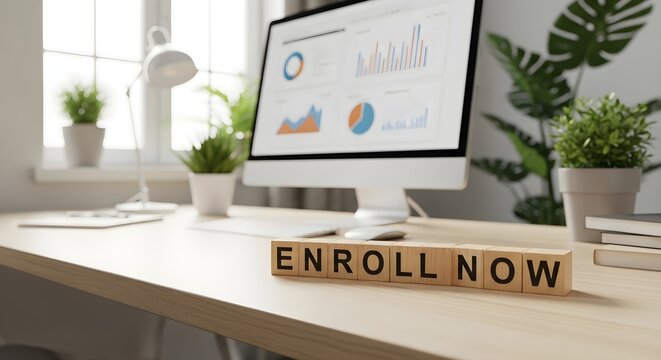 Empower Your Future 'ENROLL NOW' message on a modern workspace with a computer showing data analytics, representing digital education and online course registration