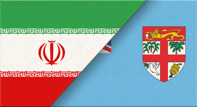 Iran and Fiji flags on fabric texture for diplomacy and sport events. Double flags
