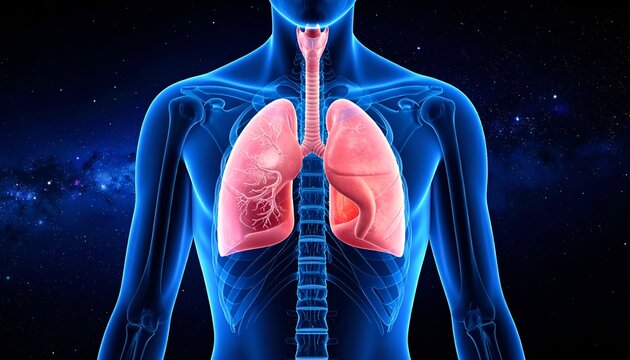Medical illustration of human respiratory system lungs trachea and rib cage with starry background