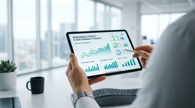 Businessman analyzing renewable energy and sustainable finance portfolio data on digital tablet screen in modern office, ESG investment growth charts, green economy concept
