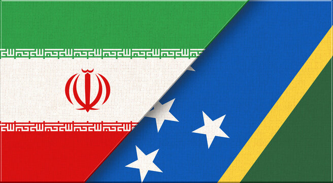 Double flag of Iran and Solomon Islands on fabric texture. Two flags together.