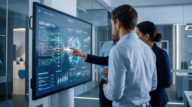 Corporate team analyzing complex big data analytics and security protocols on large interactive touchscreen display in glass meeting room, network visualization and business