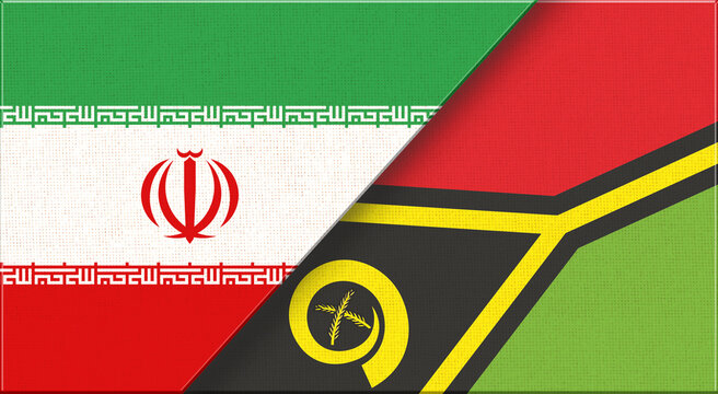 Double flag of Iran and Vanuatu on fabric texture. Two flags together.
