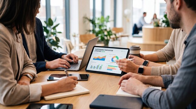 Creative team brainstorming sustainable innovation strategy around wooden table, collaborative business meeting with digital tablet showing charts, startup planning session in