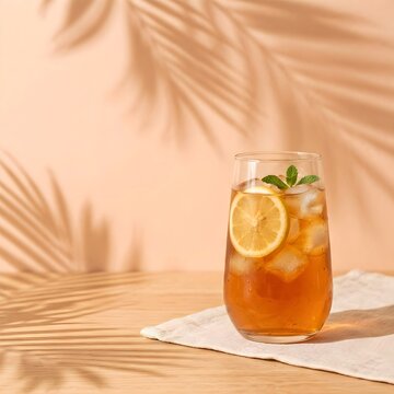 iced tea, lemon, mint, fresh, refreshing, cold, drink, beverage, summer, vacation, tropical, shadow, palm tree, light and shadow, table, napkin, fabric, napkin, glass, ice cubes, lemon slice, mint spr