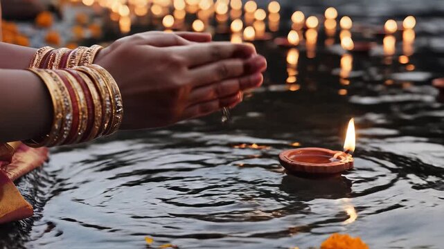 Traditional ritual of Ganga dussehra with floating diyas on Ganga river