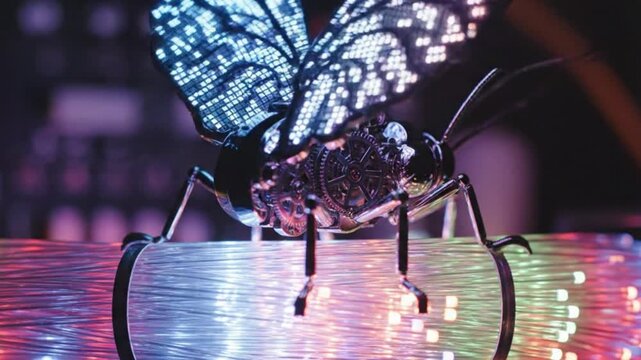 Futuristic LED Butterfly Robot Sitting on Illuminated Fiber Optics