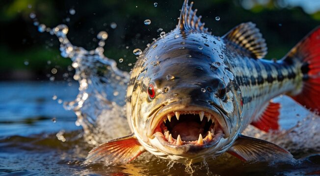 Aggressive Predatory Fish Jumping Out of Water with Open Mouth Sharp Teeth and Red Eyes