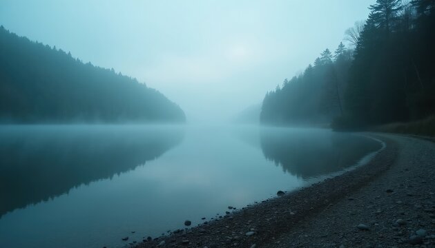 Misty lake shore at dawn with calm grey water reflecting dense forest hillsides. Overcast sky creates peaceful atmosphere. Shoreline has pebbles and sparse vegetation.