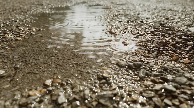 Close-up of raindrops falling into a gravel puddle, creating ripples on the water's surface