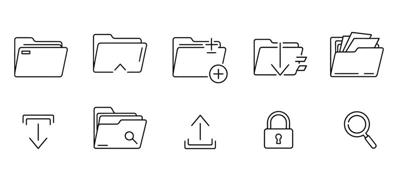 Black and white file folder icons with additional computer and security symbols silhouette style