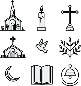 Black and white line art icon set of 8 spiritual symbols church nativity candle cross dove olive branch holy book bell moon star minimal clean style-1.