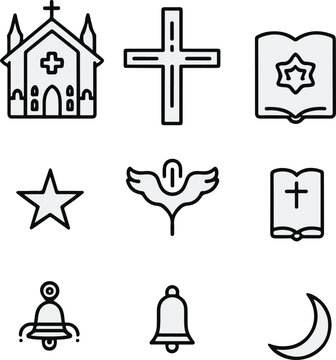 Minimal outline vector icon pack of 8 faith symbols church nativity star candle cross dove book bell crescent moon clean lines white background no effects.