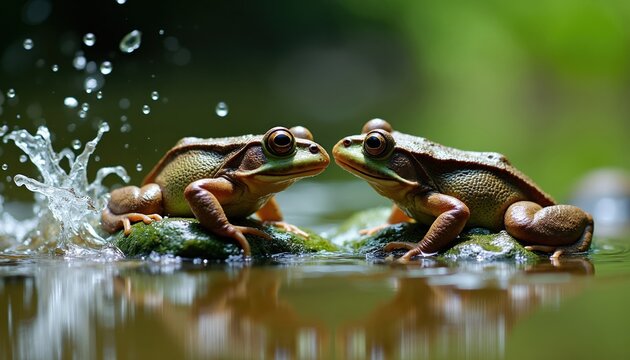Two frogs sit close on mossy rocks. Water splashes near them. Pond life surrounds these amphibians in their wet natural habitat. Calm surface reflects green foliage.