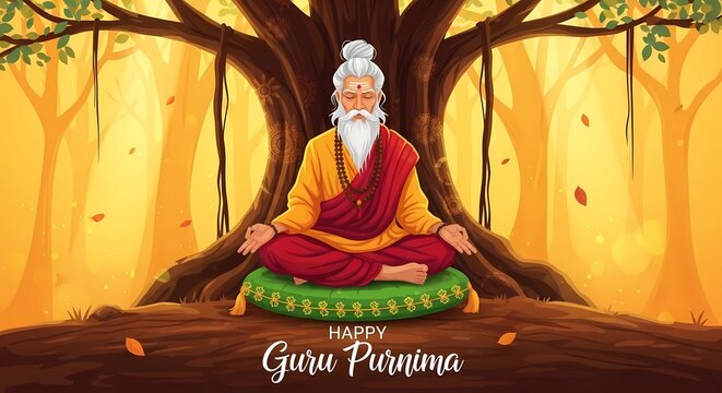 Happy Guru Purnima banner with an Indian sage meditating under a banyan tree